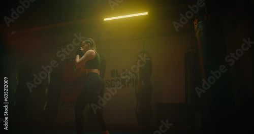 good-looking sportive woman training alone in gym, fighting and punching air, 4K, Prores