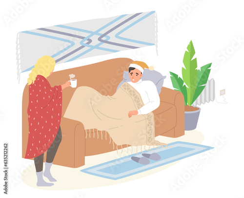 Unhappy family couple suffering from cold at home scene