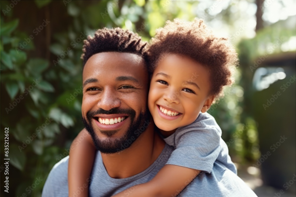 Portrait, happy father and boy smile in garden fun, vacation and break in summer happiness together. Black man and child smile, love and hug outdoor bonding free time on a sunny day in the park Portrait, happy father and boy smile in garden fun, vacation and break in summer happiness together. Black man and child smile, love and hug outdoor bonding free time on a sunny day in the park