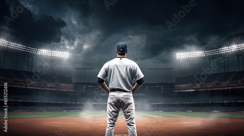Baseball player standing ready in the middle of baseball arena stadium © Sasint