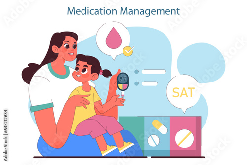 Children healthcare. Mother teaching and helping her diabetic kid