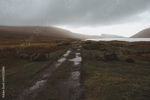 Dirt road near lake Sorvagsvatn, Faroe islands