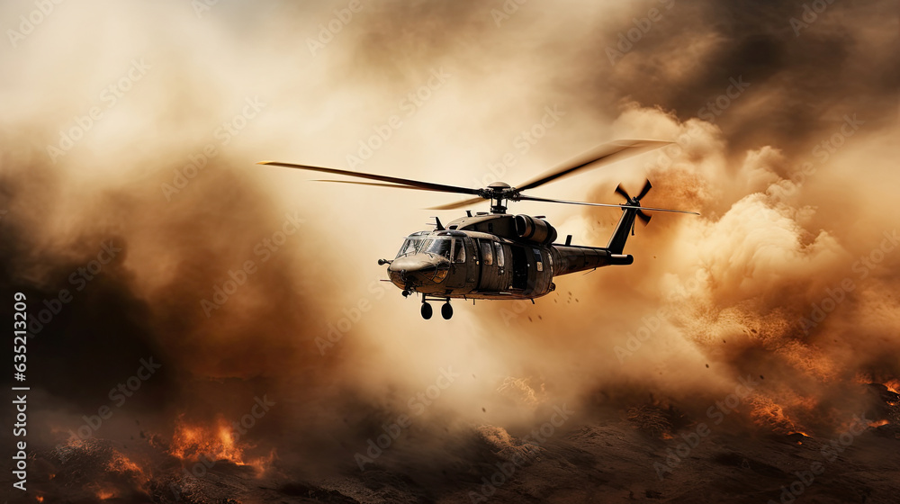 Military chopper crosses crosses fire and smoke in the desert Military chopper crosses crosses fire and smoke in the desert