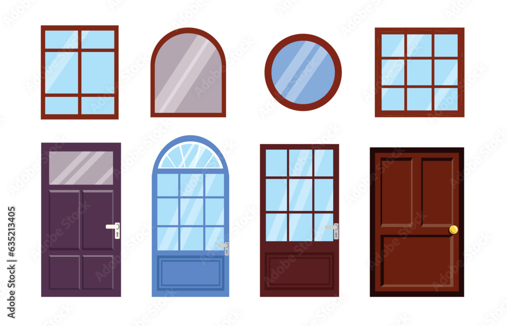 Set of different windows and doors in cartoon style. Vector illustration of beautiful windows and doors with handles and locks of different shapes isolated on white background. Set of different windows and doors in cartoon style. Vector illustration of beautiful windows and doors with handles and locks of different shapes isolated on white background.