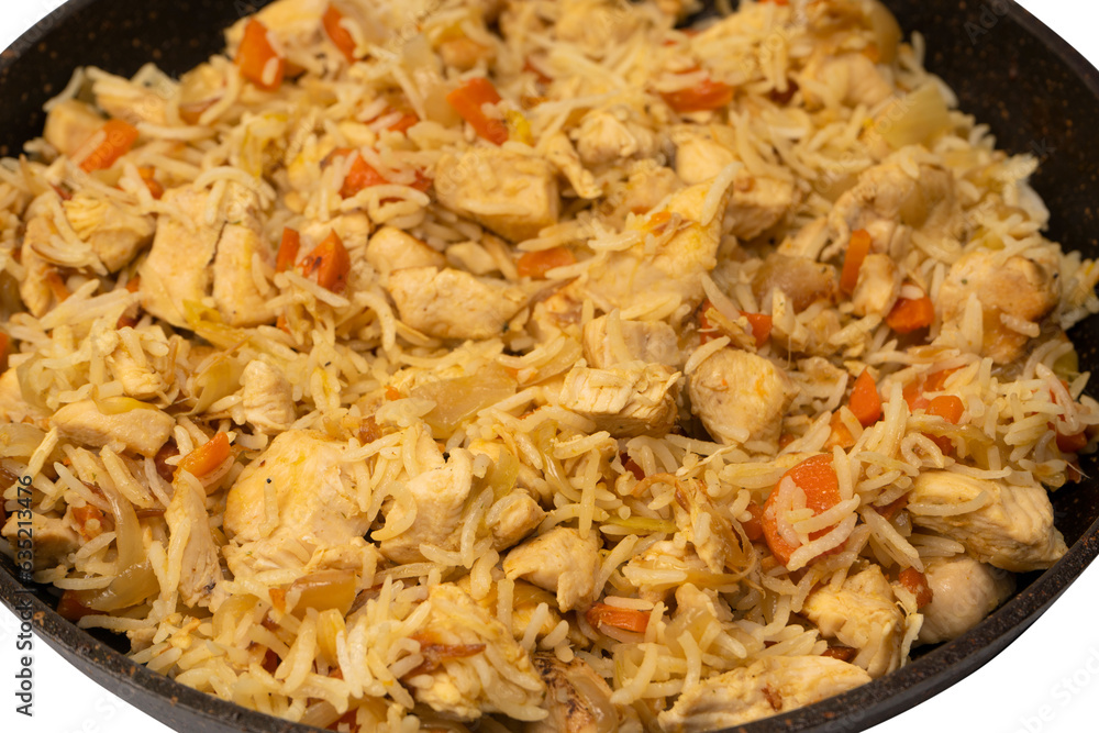 Tasty pilaf with chicken as background. Tasty pilaf with chicken as background.