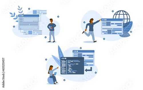 Website Project illustration set. characters are looking at website project development including front end and design, back end and coding, and upload website to global. website development concept.