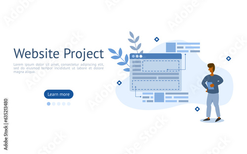 Website Project illustration. characters are looking at front end and design in website project development. website development concept.