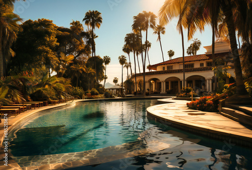 the outdoor pool is surrounded by palm trees