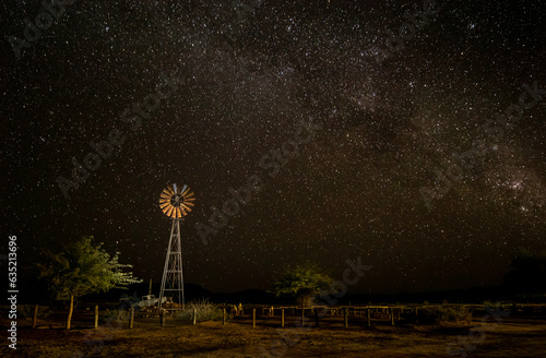 Starry night sky and windmill, Solitaire, Namibia