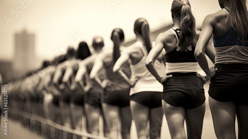 Sports photo from the sidelines of the starting line of an Olympic track race, beautiful athletic women are lined up in the starting line ready for the start of the race