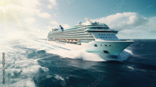 The cruise ship sails slowly over the vast ocean, and the towering hull cuts through the waves. The cruise ship sailed through the turquoise waters