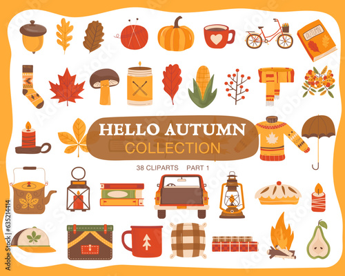 Autumn hand drawn clipart collection. Fall season cozy symbols bundle. Autumn season elements - leaves, pumpkin and harvest colorful set. Thanksgiving icons. Stock vector designs