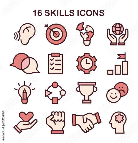 Soft skills icons set. Professional competences growth. Simple linear images