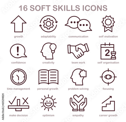 Soft skills icons set. Professional competences growth. Simple linear images