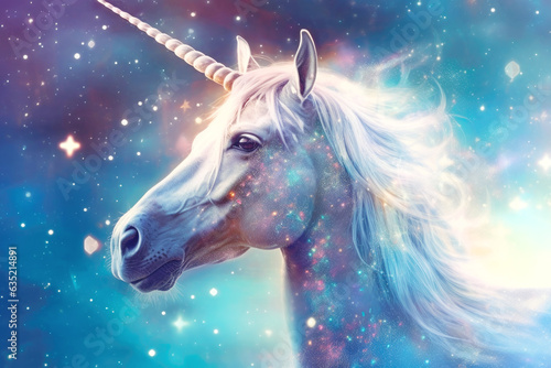 Magic White Unicorn Horse Portrait  Space Scenery