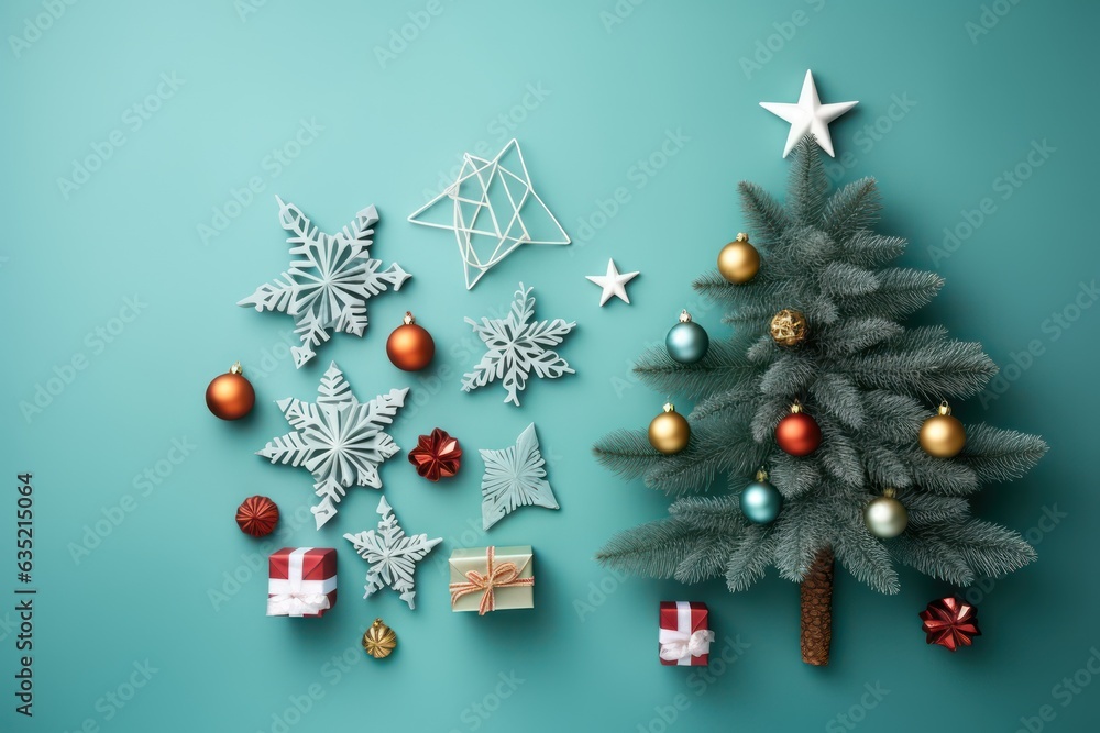 Christmas objects laid out in the shape of a Christmas figures Christmas objects laid out in the shape of a Christmas figures