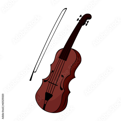 Hand drawn Musical instruments. Beautiful Wooden Violin in Cartoon Style Isolated on White Background
