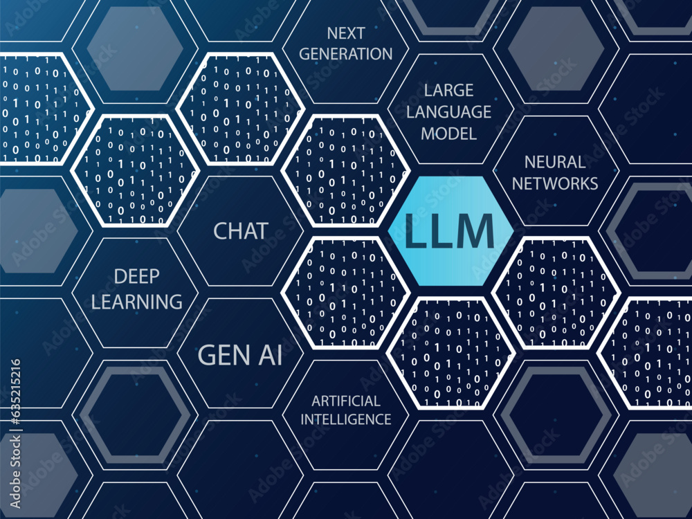 LLM Large Language Model vector illustration on dar, blue background with hexagonal shapes and words LLM Large Language Model vector illustration on dar, blue background with hexagonal shapes and words