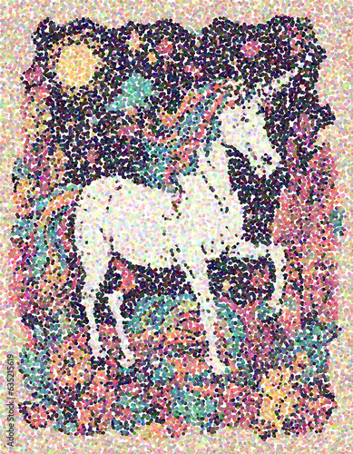 White magic rainbow unicorn in the woods at night in a pointillist style. Fantasy retro illustration of a magical unicorn surrounded by flowers.