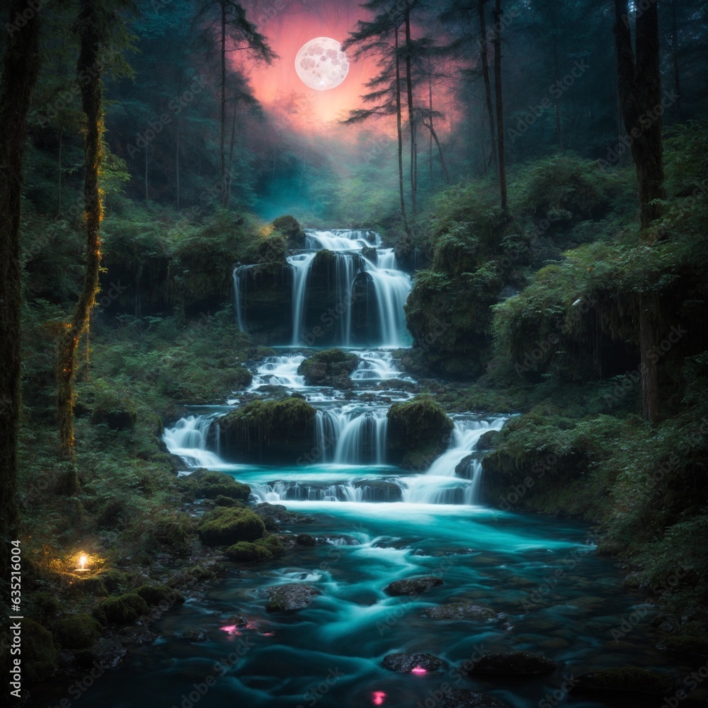 Mystical Moonlit Cascade: Enchanted Bioluminescent Forest Fantasy