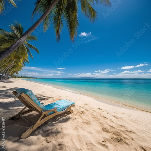 A tranquil beach scene with a comfortable chair and lush palm trees