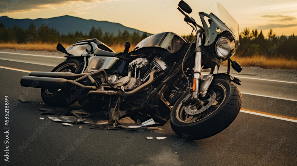 Photo of a motorcycle damaged after an accident on the highway