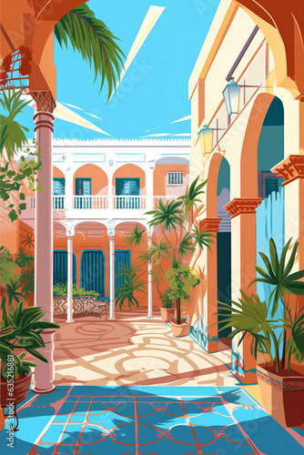 A vibrant courtyard with colorful potted plants © Unicorn Trainwreck