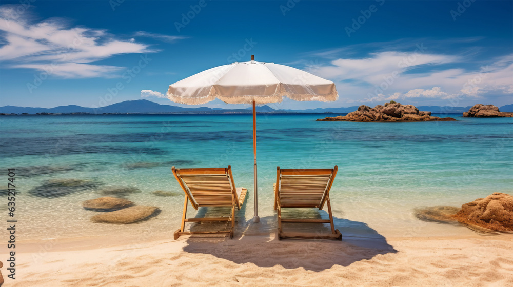 Two beach chairs and an umbrella on a sandy beach