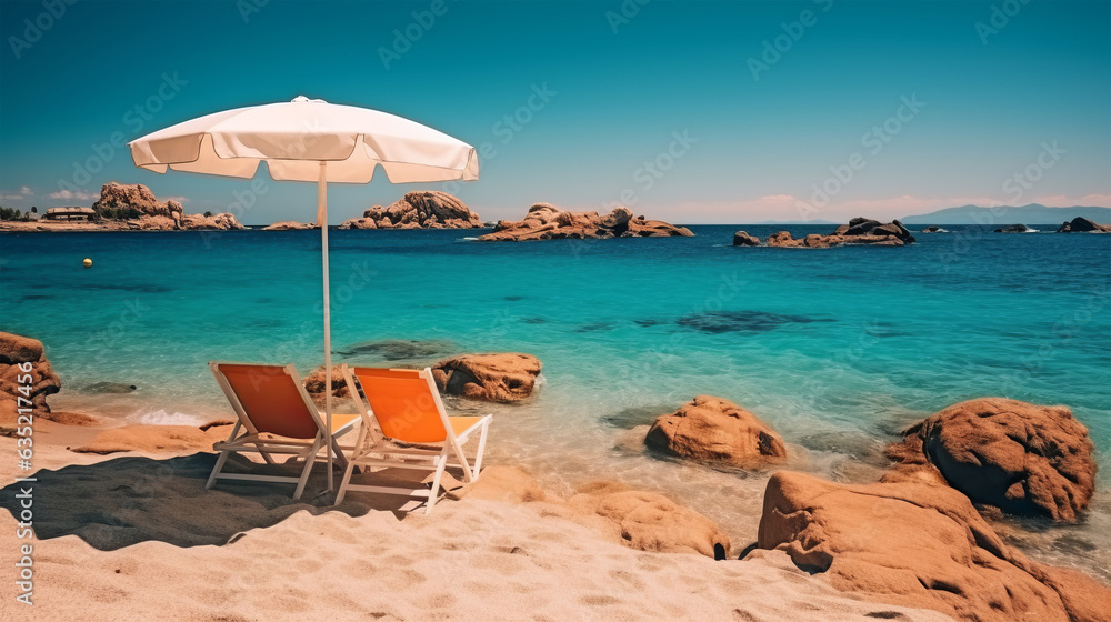 Two lawn chairs on a sandy beach, perfect for a relaxing vacation by the sea