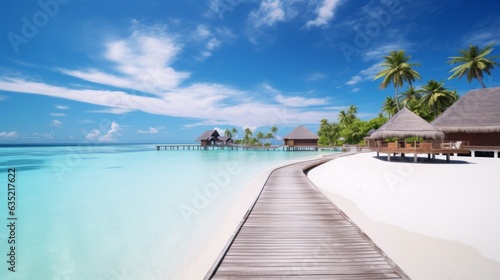 Beautiful tropical background with palm trees, water villas, beach chairs, and amazing sea