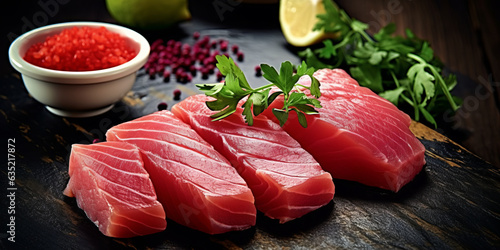 tuna sashimi, black background, stock photo generative ai