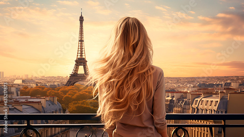 young blonde woman looking at eiffel tower in paris, france.