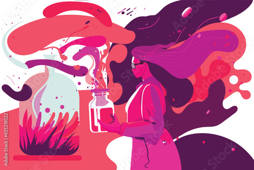 conceptual illustration of a woman using test tubes and flasks with fluorescent chemical liquids