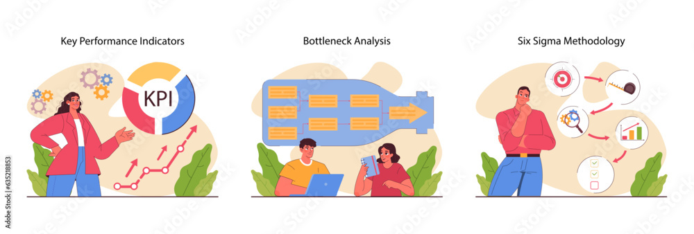 Business processes optimization set. Productive employee with efficient Business processes optimization set. Productive employee with efficient