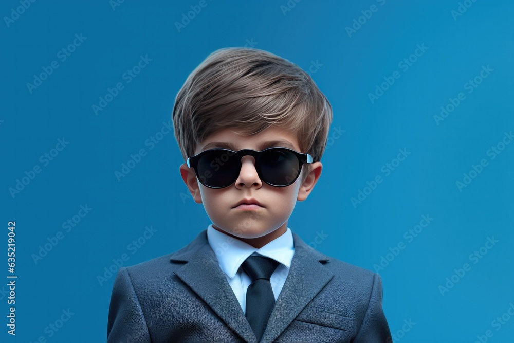 Boy Dressed in a Black Suit and Black Sunglasses for Halloween on a. Blue Background with Space for Copy Boy Dressed in a Black Suit and Black Sunglasses for Halloween on a. Blue Background with Space for Copy