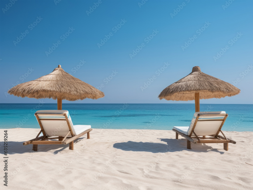 Two beach chairs and umbrellas on a sandy beach, perfect for a relaxing summer vacation