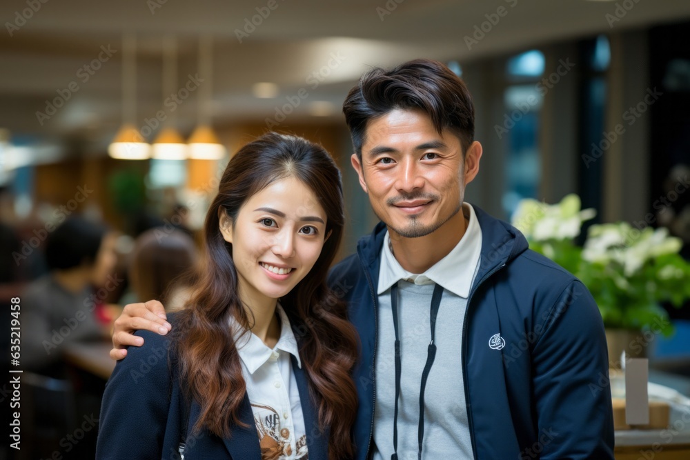 Portrait of a young asian couple smiling in a coffee shop. Generative AI Portrait of a young asian couple smiling in a coffee shop. Generative AI