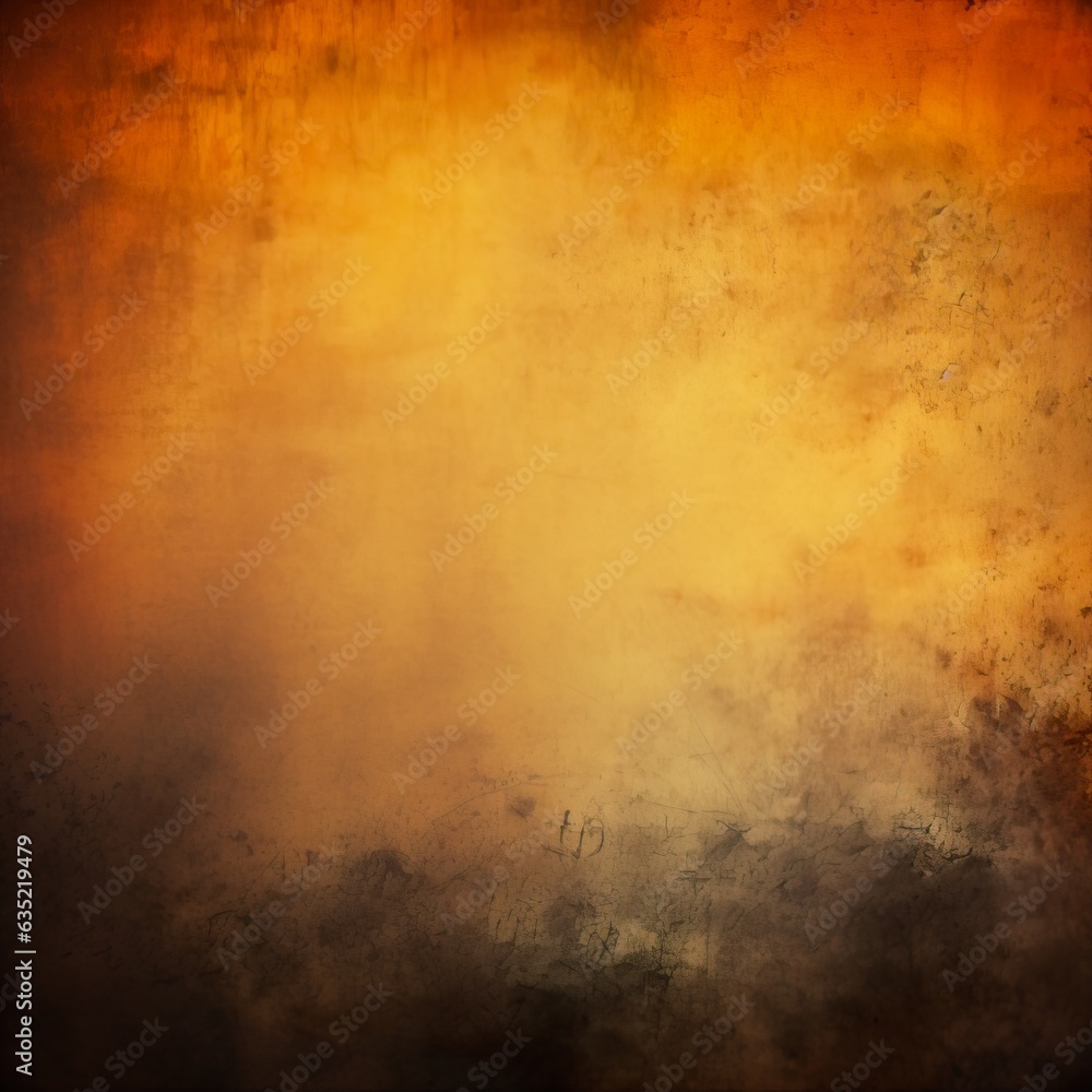 abstract orange vintage grungy background or dark paper with bright center spotlight and subtle vignette border frame. AI generative.