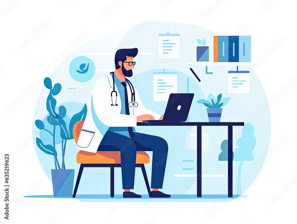 Online tele medicine and healthcare providers concept illustration. Online medical consultation and treatment via web applications connected to clinic. Online doctor consultation technology. - obrazy, fototapety, plakaty 