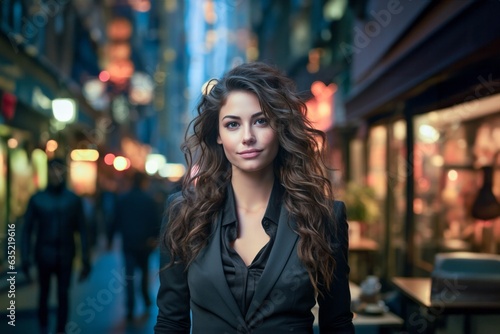 Portrait of a beautiful young brunette woman in the city at night. Generative AI © Yaroslav