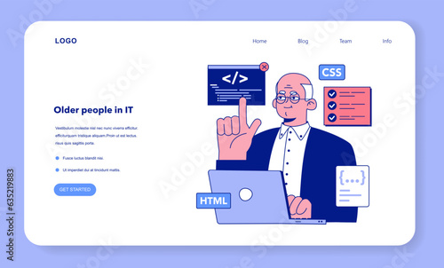 Senior developer web banner or landing page. Oldman programming