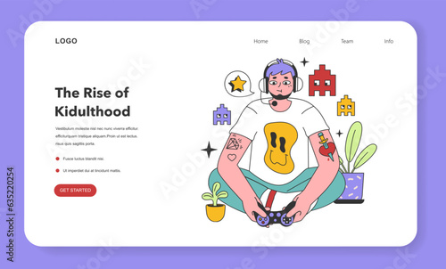 Kidult web banner or landing page. Man keeping his childhood passion