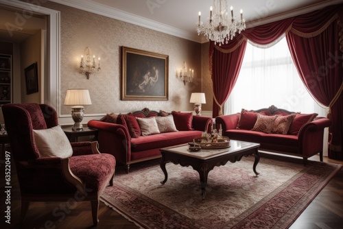 classic living room interior design, red, luxury, old
