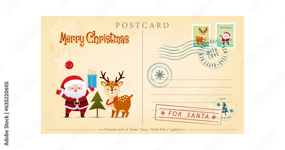 Vintage Christmas envelope with Santa Claus and cute deer. Retro style Christmas card with rubber seal, stamp. Vector illustration in cartoon, retro style