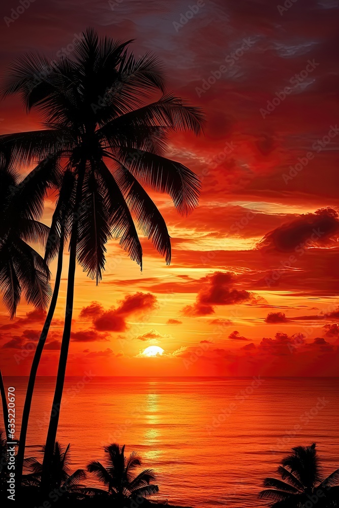 Silhouette of palm trees on the beach at beautiful sunset