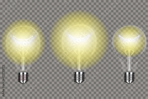Set of different brightness lamps. Glass lamps. Glass light bulb on a transparent black background with a bright yellow glow. Bright light. Light bulb on black background. Vector illustration.