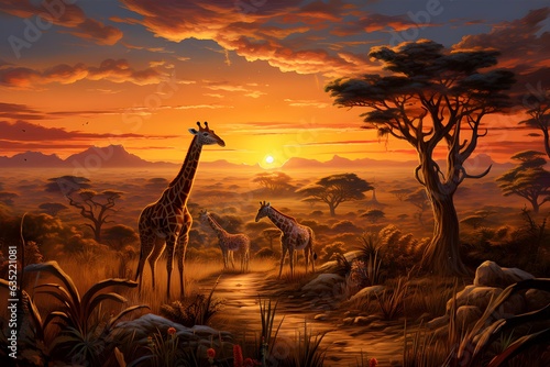 giraffe at sunset in continent