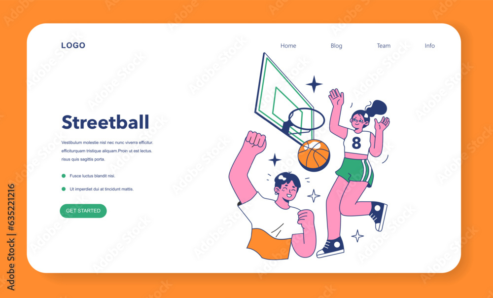 Streetball game web banner or landing page. Team players play basketball Streetball game web banner or landing page. Team players play basketball