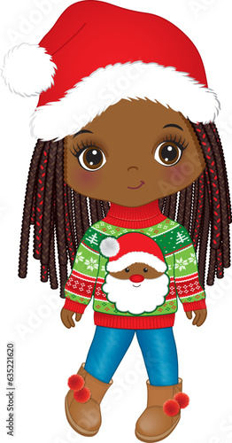 Vector Image of Cute Afro Girl in Santa Claus Hat