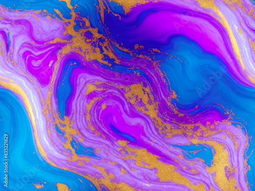 Seamless blue, violet color and golden glitters fluid pattern. Generative AI